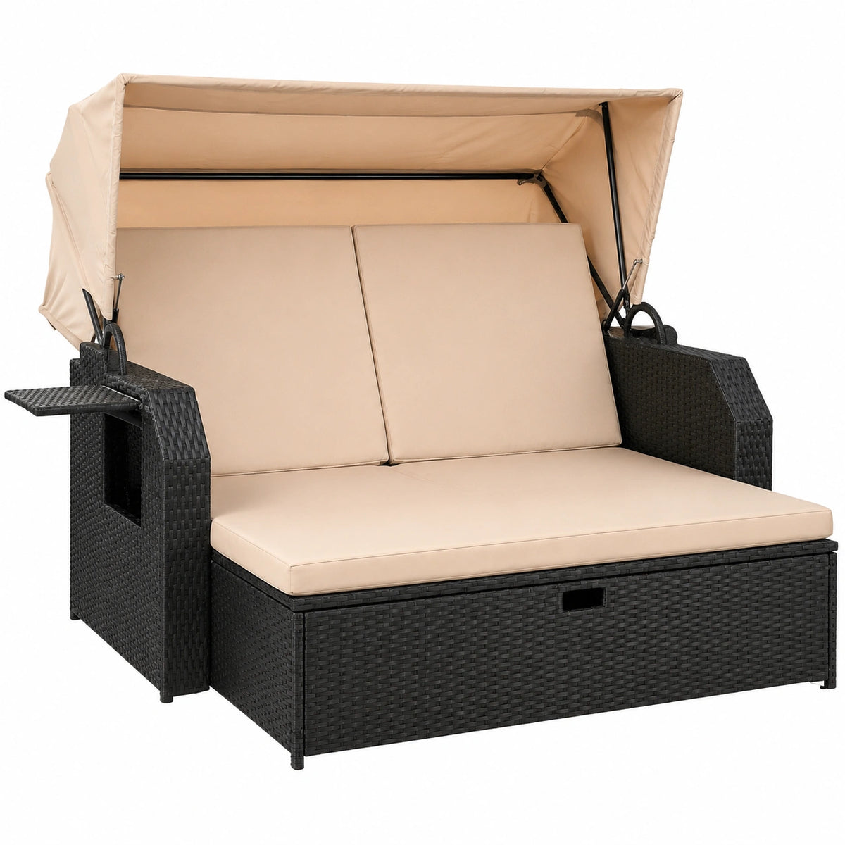 Polyrattan Sonnenliege mit klappbarem Tisch und verstellbarer Rückenlehne, Schwarz