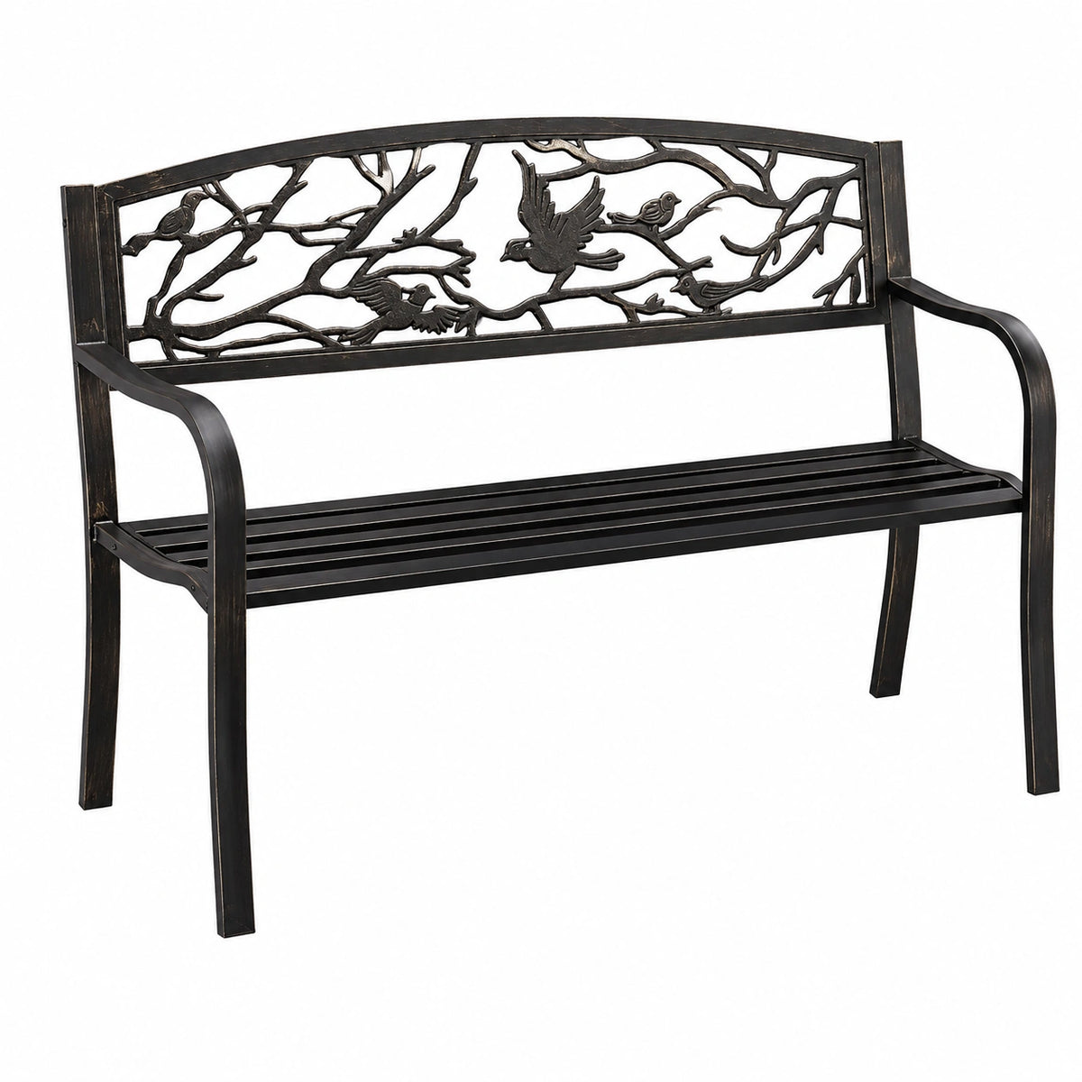 Vintage 2-Sitzer Gartenbank mit Vogelmotiv, Stahl, für Garten & Balkon, schwarz/bronze 87x127x57 cm